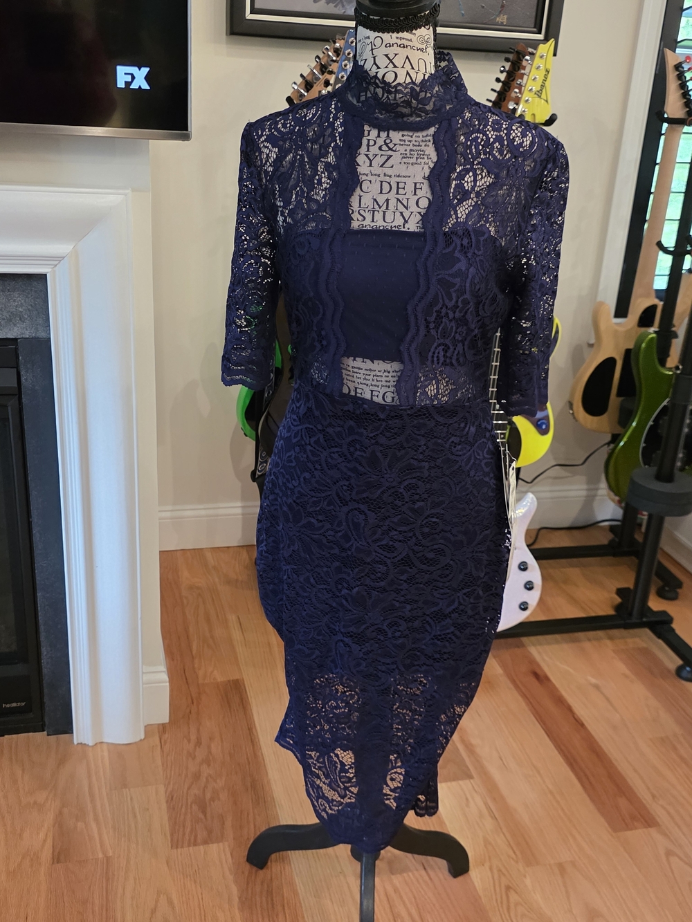Express Navy Lace Midi Dress with High Neck